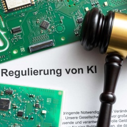 Dokument mit Computerplatine und Richterhammer mit Aufschrift: "Regulierung von KI" (Bild: picture alliance / CHROMORANGE | Michael Bihlmayer)