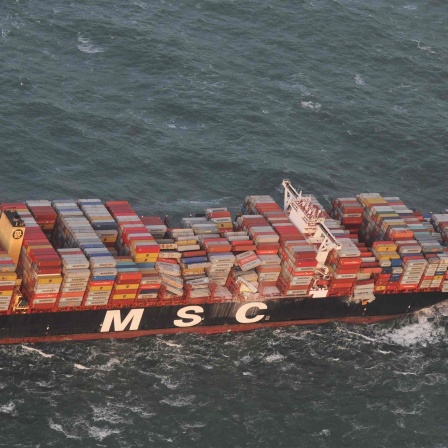 Die Luftaufnahme aus einem Überwachungsflugzeug des Havariekommandos zeigt das Containerschiff MSC ZOE, das im Sturm mehrere hundert Container verloren hat.