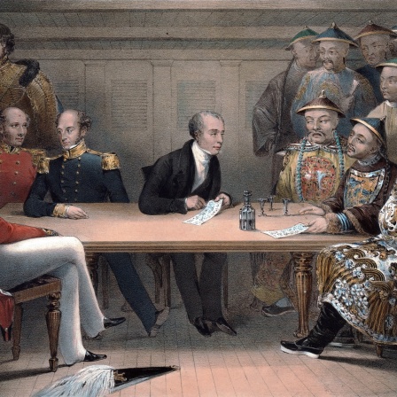 Karl Gützloff (M.) als Übersetzer zwischen britischen und chinesischen Offizieren im ersten Opiumkrieg 1840