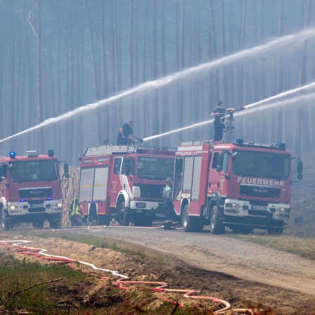 Feuerwehrleute löschen einen großflächigen Waldbrand in der Nähe des ehemaligen Truppenübungsplatz bei Lübtheen 