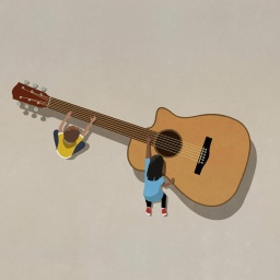 Illustration: Ein kleiner Junge und ein Mädchen spielen auf einer überdimensional großen Gitarre.