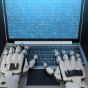 Künstliche Intelligenz-Technologie, die Illustration eines Roboters schreibt auf der Tastatur eines Laptops