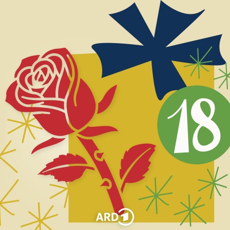 Rote Rose mit Dornen vor einem gelben Geschenk mit Sternen und ein grüner Kreis mit der Zahl 18.