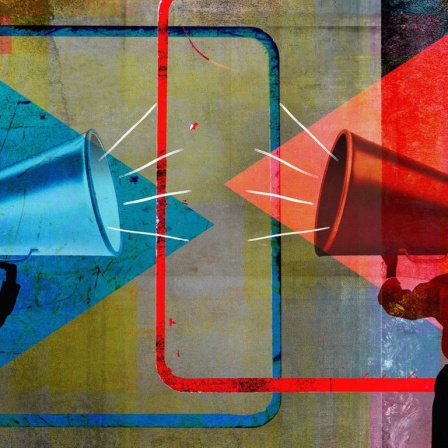 Illustration mit einem roten und einem blauen Megafon, die sich gegenseitig anschreien