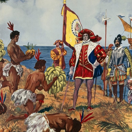 Gemälde mit Christoph Kolumbus und Indigenen