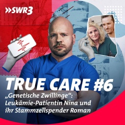 Ricardo Lang, Leukämie-Patientin Nina Lau und ihr Stammzellspender Roman Schmidt vor medizinischen Symbolen