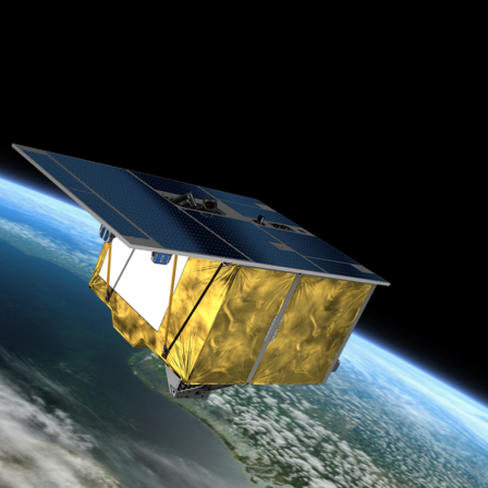 Deutschlands erster hyperspektraler Satellit EnMAP in der Erdumlaufbahn. Eine digitale Fotomontage.