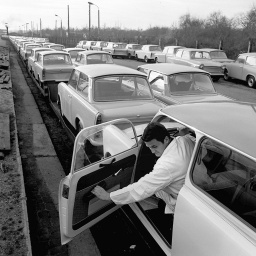 Auf einem Freigelände im VEB Sachsenring Automobilwerk Zwickau werden Zweitakt-Pkw vom Typ Trabant für die Auslieferung bereit gestellt, aufgenommen 1970. 