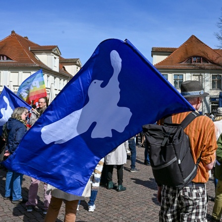 Friedenstauben sind auf Fahnen bei einem Ostermnarsch zu sehen. Unter der Überschrift &#034;Kriege stoppen - Frieden und Abrüstung jetzt!&#034; beginnt das Netzwerk Friedenskooperative mit dem ersten Ostermarsch in diesem Jahr am Brandenburger Tor in Potsdam.