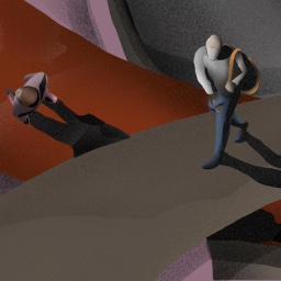 Die Illustration zeigt einen Mann mit Rucksack auf einem grauen, brückenähnlichen Weg. Unter ihm läuft eine Person auf einem orangen Weg, im Hintergrund sitzt eine Frau mit einer Tasche auf dem Schoß an einer Kante.
