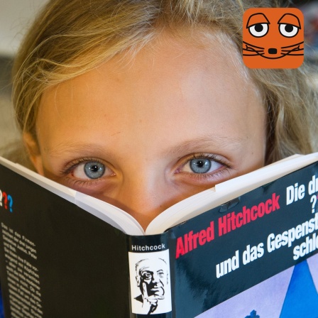 Ein Kind guckt beim lesen hinter einem Drei-Fragezeichen-Buch hervor