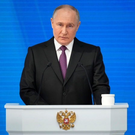 Wladimir Putin, Präsident von Russland, hält seine Rede zur Lage der Nation in Moskau. 
