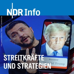 Auf dieser Fotoillustration sieht mabn ein auf einem Mobiltelefon abgebildetes Porträt von Präsident Donald Trump und außerdem ein Porträt von Präsident Wladimir Selenskyj