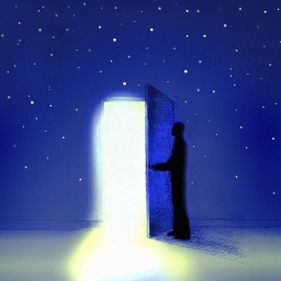 Illustration: Ein Mann öffnet eine nächtliche Tür zum Licht.