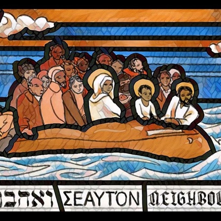 Das Bild zeigt den Entwurf für ein Kirchenfenster der St. Mary Redcliffe Kirche in Bristol. Jesus mit seinen Eltern in einem Flüchtlingsboot. 