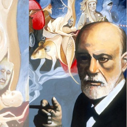 Grafik mit Porträt und Traumbildern von Sigmund Freund: Sigmund Freud (1856 - 1939), österreichischer Begründer der Psychoanalyse