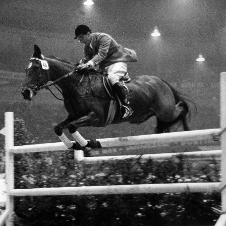 Hans-Günther Winkler auf seinem Pferd "Halla" beim Internationalen Reit- und Sprungturnier in der Dortmunder Westfalenhalle 1959