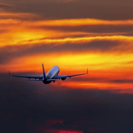 Ein Flugzeug fliegt der Morgensonne entgegen.