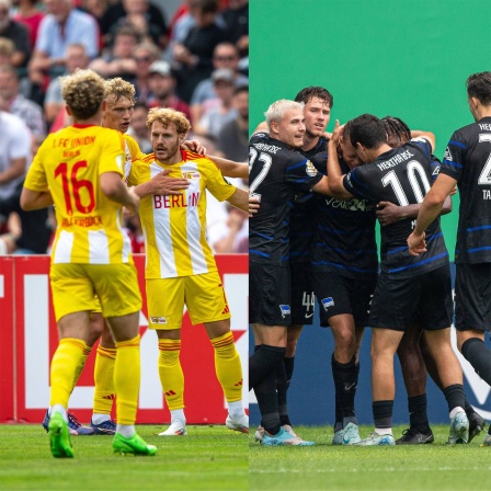 Collage: Spieler von Union und Hertha jubeln nach ihren jeweiligen Siegen im DFB-Pokal