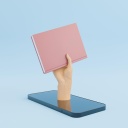 Illustration: Eine Hand mit einem Buch ragt aus einem Display eines Smartphones heraus.