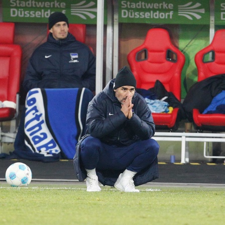 Der Herthaner Trainer Cristian Fiel hockt am Boden. 