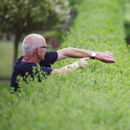 Ein Mann zeigt auf seine Uhr während seine Nachbarin den Rasen mäht