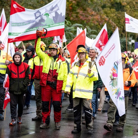 Archivbild: Ein Mitglied der Industriegewerkschaft Bauen Agrar Umwelt demonstriert vor dem Beginn der Tarifverhandlungen für den öffentlichen Dienst der Länder mit einer Kettensäge. (Bild: picture alliance/dpa | Fabian Sommer)