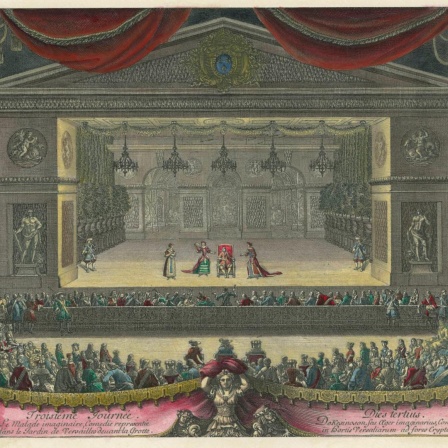 'Le Malade imaginaire" - "Der eingebildete Kranke“,, die Komödie von Molière, aufgeführt im Garten von Versailles. Kupferstich, um 1676, von Jean Lepautre. Nachträglich koloriert.