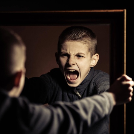 Ein Junge schreit wütend sein eigenes Spiegelbild an: Warum sind pubertierende Jungs so schwierig?