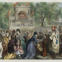 Johann Strauß gibt ein Konzert auf der Weltausstellung in Wien, 1873.- Holzstich, spätere Kolorierung