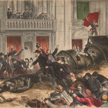Sturz der Vendôme-Säule in Paris 1871 (Holzstich um 1872, nachkoloriert)
