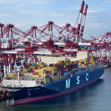 Symbolbild EU-China: Frachtschiffe liegen im Hafen von Qingdao. In den letzten Jahren hat die Provinz Shandong ihre Meeresressourcen genutzt, um die Entwicklung der Küstenhäfen zu fördern und eine Hafengruppe von Weltrang zu schaffen.