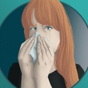 Die Illustration zeigt eine junge Frau, die sich gerade mit einem Taschentuch die Nase schnäuzt und der eine Träne die linke Wange herunter läuft.