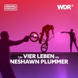 Illustration zum Hörspiel: Die 4 Leben des NeShawn Plummer: Es sind Silhouetten zu sehen, von einem Jungen der Fahrrad fährt und von zwei Personen, die Pistolen abfeuern.