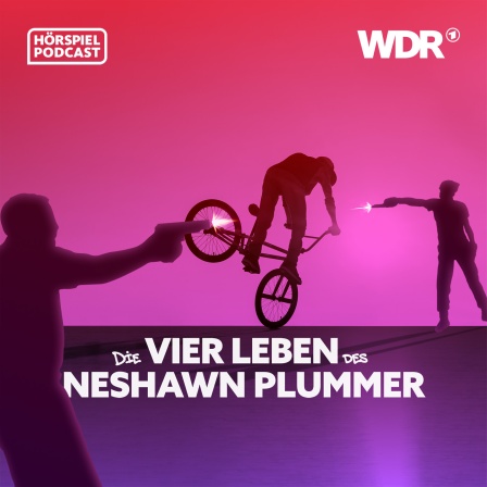 Illustration zum Hörspiel: Die 4 Leben des NeShawn Plummer: Es sind Silhouetten zu sehen, von einem Jungen der Fahrrad fährt und von zwei Personen, die Pistolen abfeuern.