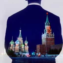 Illustration: Der Rote Platz in Moskau erscheint im Umriss eines Mannes im Anzug.