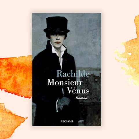 Das Buchcover von "Monsieur Vénus" von Rachilde auf einem grafischen Hintergrund.