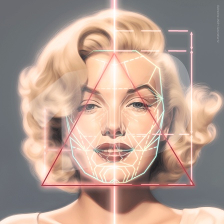 Portrait von Marylin Monroe im Comic-Stil mit virtuellen Vermessungshilfslinien 