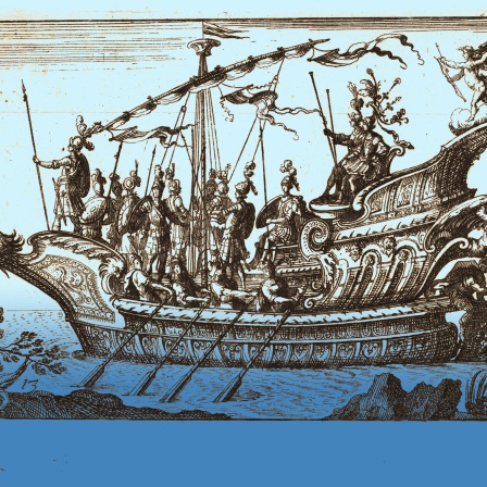 Ein Schiff, Argonauten Meleager und Tydeus angeführt von Cupido, aus der Serie: Der prächtige Festzug am Arno in Florenz zur Hochzeit des Großherzogs  für die Hochzeitsfeier von Cosimo de Medici in Florenz, 1608