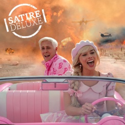Satirische Montage der Filmfiguren Barbie und Ken, die in einem pinken Cabrio lachend vor einem Waldbrand fliehen