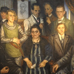 Das Bild "Die Zeitgenossen" von Arthur Kaufmann mit "Mutter" Johanna Ey und Mitgliedern der Künstlergruppe "Das junge Rheinland".