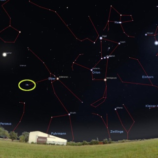Der Anblick von Neuseeland aus: Der Stier mit den Plejaden (gelber Kreis), Jupiter und Orion et cetera kopfüber“ am morgendlichen Osthimmel.