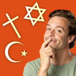 Eine Collage mit Checker Tobi und Symbolen verschiedener Religionen