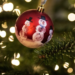 Eine Weihnachtskugel hängt an einem Weihnachtsbaum mit einer Lichterkette.