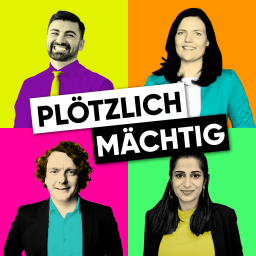 Die Grafik des Podcast "Plötzlich Mächtig" zeigt Erik von Malottki (SPD), Schahina Gambir (Grüne), Muhanad Al-Halak (FDP) und Anne Janssen (CDU) im Pop Art Stil von Andy Warhol.