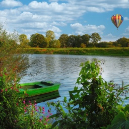 Über der Ems schwebt ein Heißluftballon.