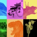 Eine Collage mit verschiedenen Dinosauriern, einem Russenzopf, einem Rollstuhl und Birkenpollen.