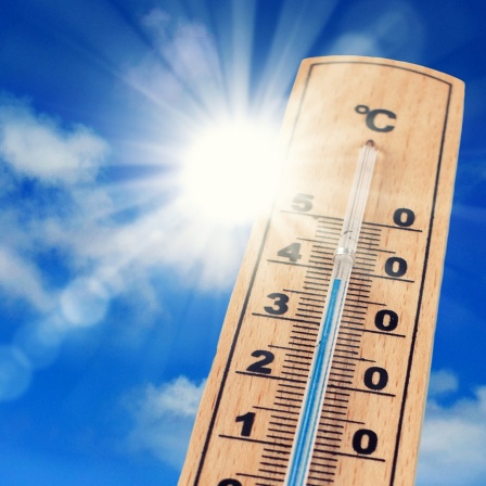 Ein Thermometer zeigt 39°C vor blauem Himmel und Sonnenschein.