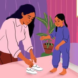 Gezeichnetes Symbolbild: Mutter hilft Tochter beim Schuhe-Anziehen