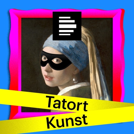 Tatort Kunst: 
Eine Illustration des Bildes „Das Mädchen mit dem Perlenohrring“ von Jan Vermeer, davor gelbes Absperrband auf dem "Tatort Kunst" steht.